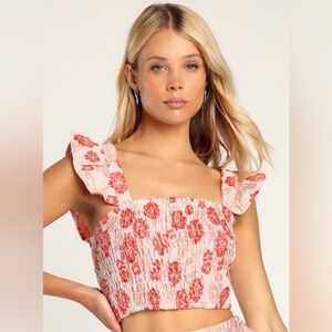 Lulus Womens Floral Smocked Crop Top Small Dusty Pink Gold Metallic Ruffle NEW